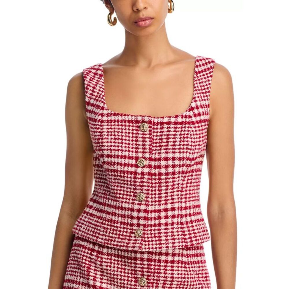 French Connection Womens Houndstooth Square Neck Sleeveless Top 2 Scarlet Multi